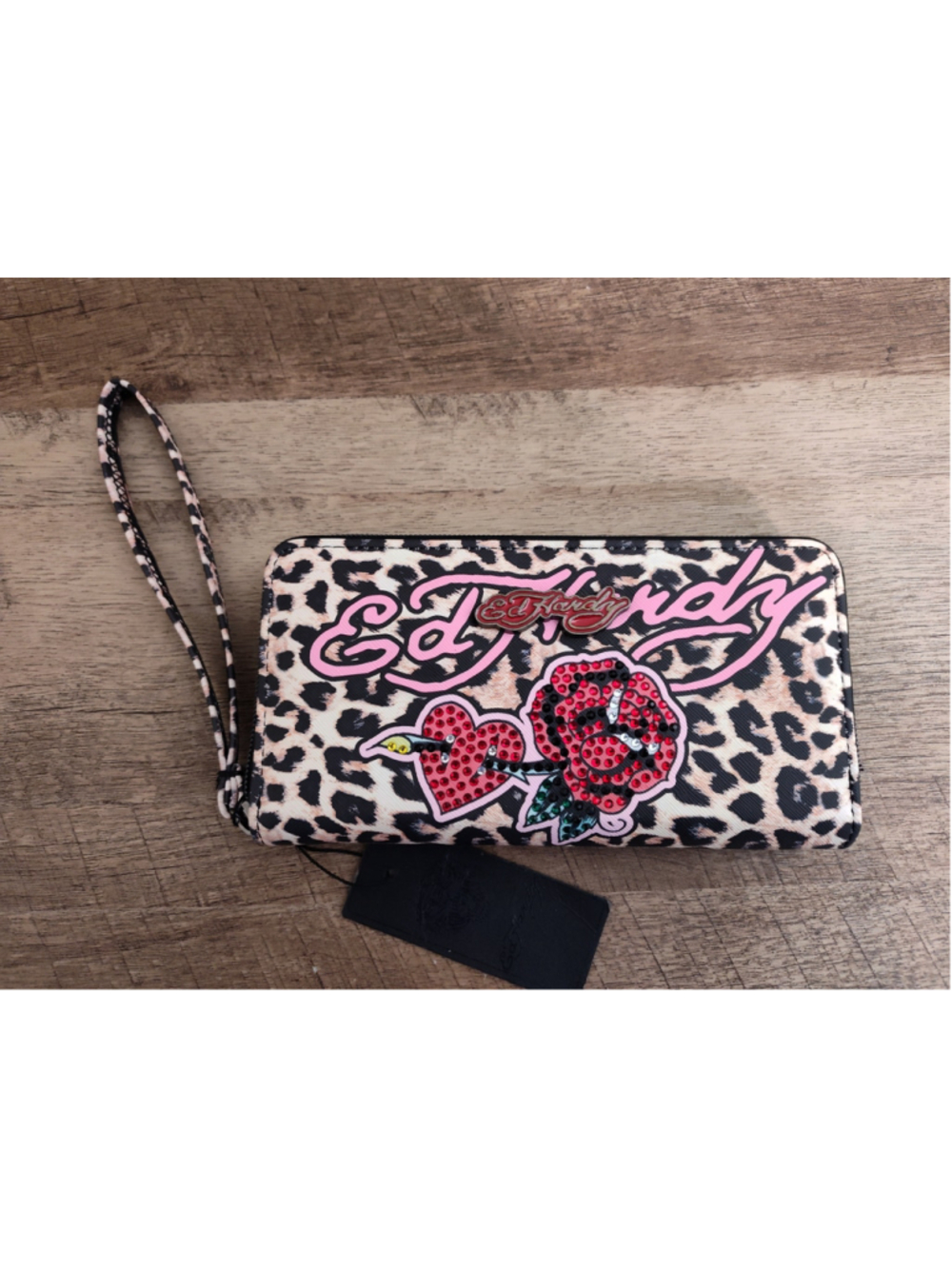 Women's Ed Hardy Leopard Print Rose Heart Wristlet Clutch One Size
